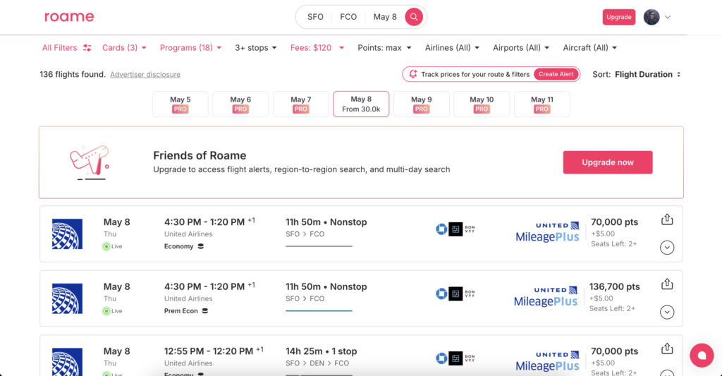 Roame.travel award search tool