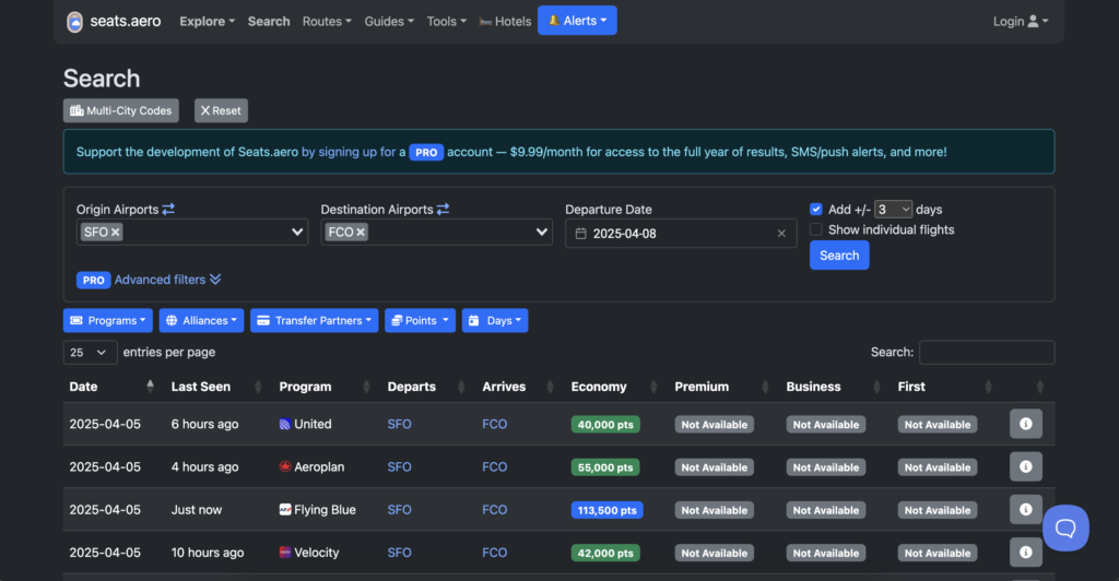 Seats.aero award search tool