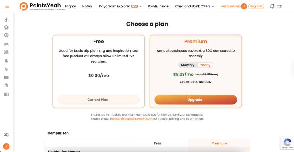 PointsYeah Free vs Premium Membership