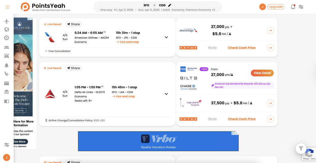 PointsYeah Award Travel Search Results
