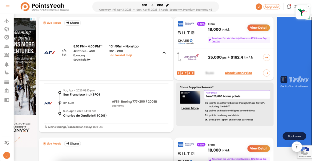 PointsYeah Award Flight Redemption Details