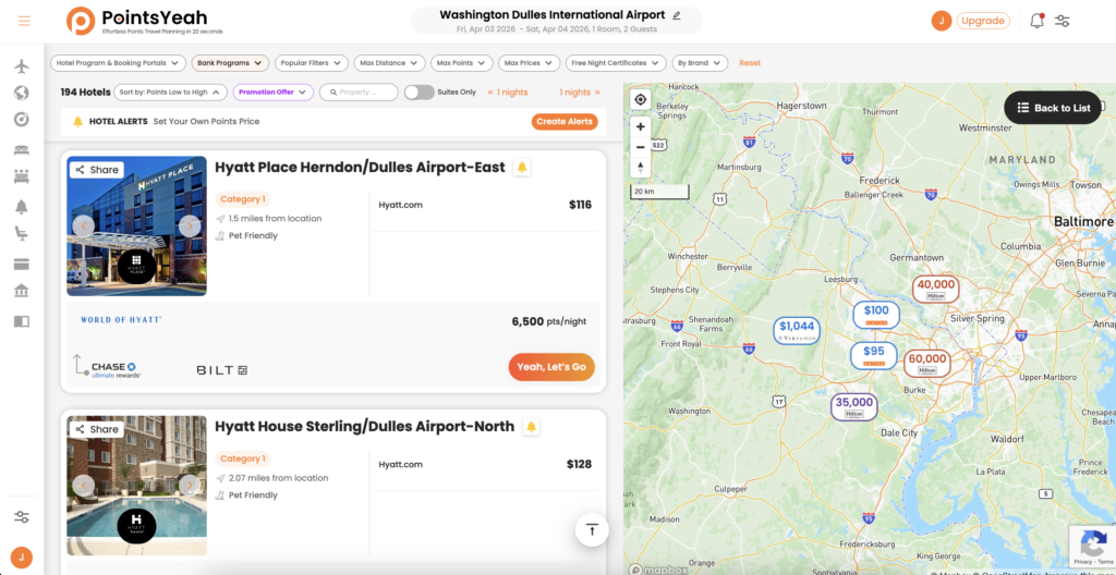 PointsYeah Award Stay Hotel Search Results